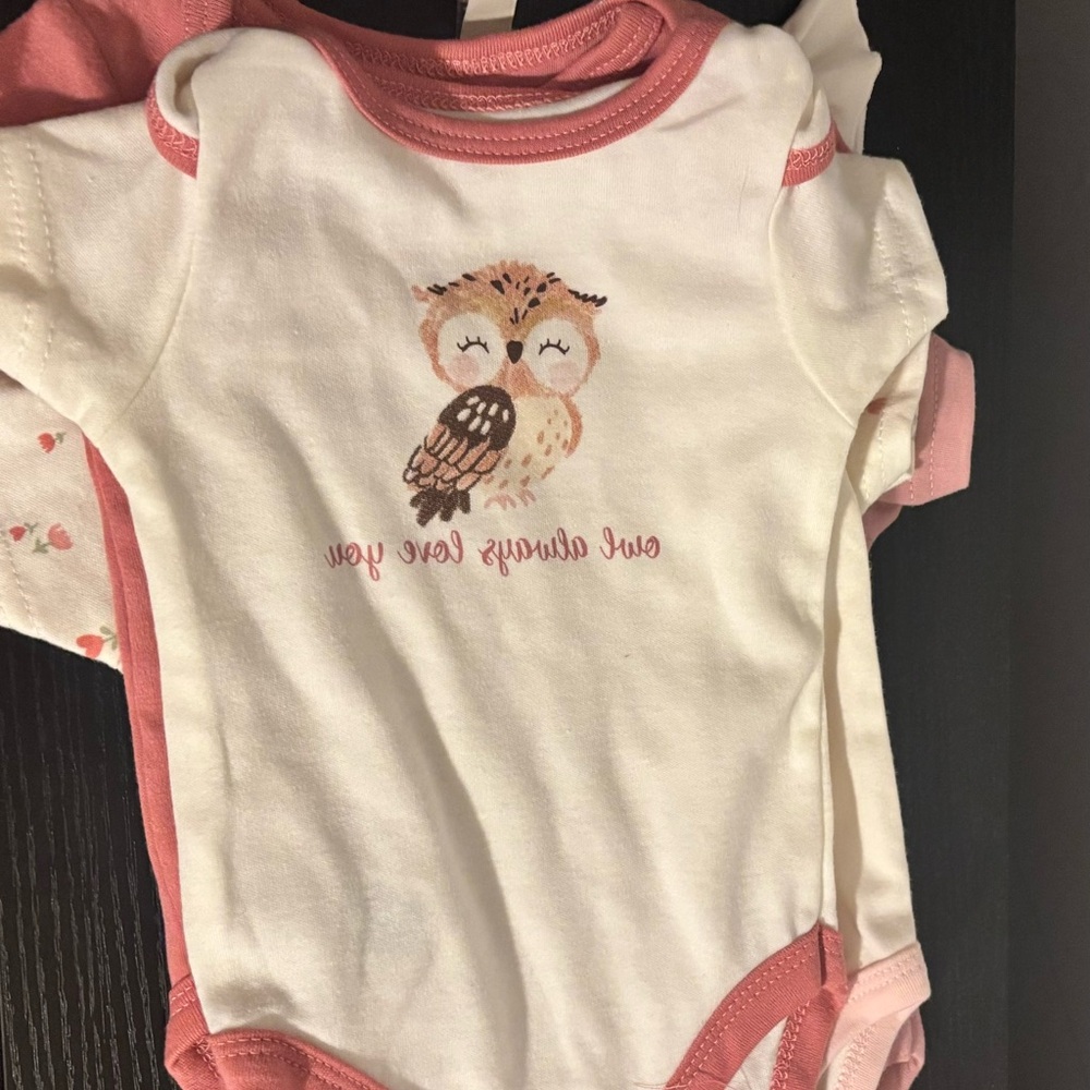 Chick Pea Owl Print Bodysuit - Pink and White